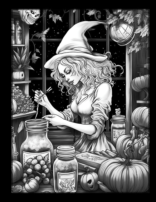 Grayscale Witch Halloween Coloring Book — Figgy Designs
