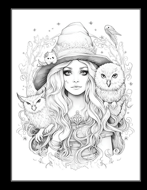 Grayscale Witch Halloween Coloring Book — Figgy Designs
